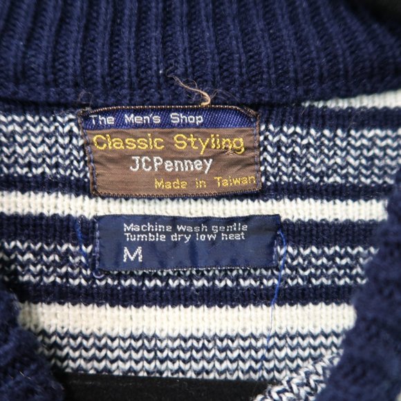 JCPenney Sweater Vintage Mens Knit Top Fair Isle Retro Crewneck Blue White M - Picture 13 of 14